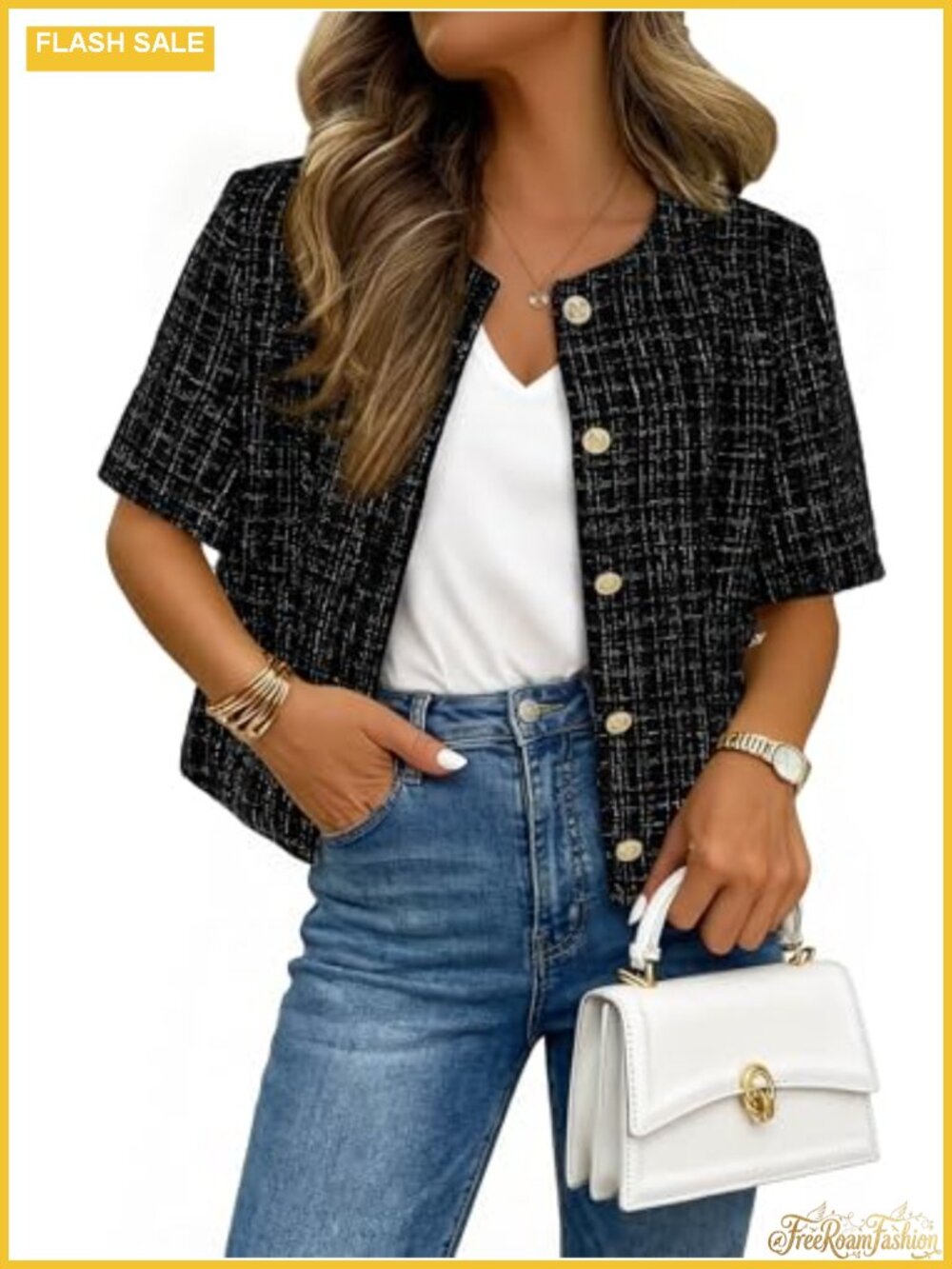 Womens Tweed Blazer Short Sleeve Business Casual Cropped Jacket